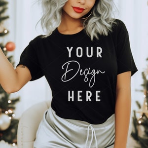 Black Bella Canvas 3001 Mockup, Christmas Tshirt Mockup, Trendy Winter Mockups, Aesthetic Holiday Mocks, Print on Demand, Cute Shirt Mockup