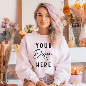 White Gildan Sweatshirt Mockup, Pastel Fall Gildan 18000 Crewneck Mock Up, Boho Pullover Mockup, Aesthetic Sweater Mockup, POD Mocks