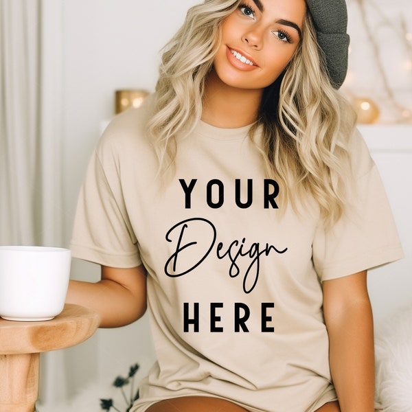 Sand Gildan 5000 Mockup, Beige Christmas Tshirt Mockup, Natural Gildan Shirt Mockup, Holiday Mockups, Styled Model Mock, Aesthetic Mocks