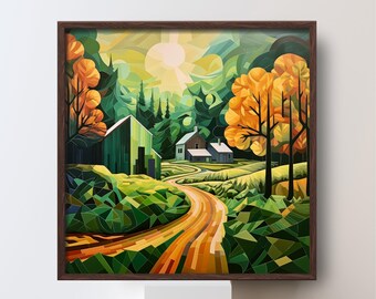 Barn House print #1, farmhouse landscape illustration poster, living room wall art, modern colorful artwork, country forest home decor