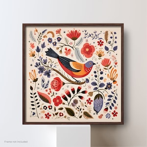 Scandi Bird print #2, whimsical floral wall art, Nordic folk artwork print, Scandinavian boho poster, living room art, kids bedroom artwork