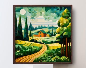 Barn House print #2, farmhouse landscape illustration poster, living room wall art, modern colorful artwork, country forest home decor