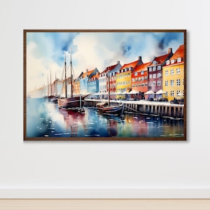 European Canal print, city poster boho wall art, architecture hygge Scandi, colorful painting landscape art print, Copenhagen Denmark Nyhavn
