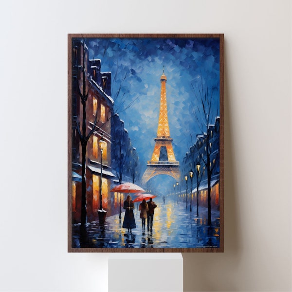 Paris in Winter print, cozy evening street lights Eiffel Tower cityscape bold wall art colorful artwork European decor abstract boho poster