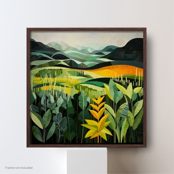 Country Fields print #1, bold modern living room wall art colorful artwork whimsical abstract landscape floral green boho cozy home decor