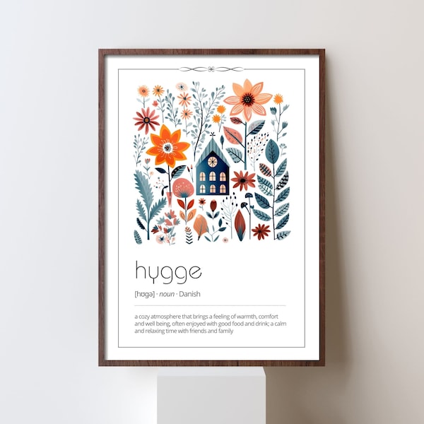 Hygge Scandi print, definition wall art, whimsical Nordic floral artwork print, Scandinavian boho poster, Danish folk housewarming gift