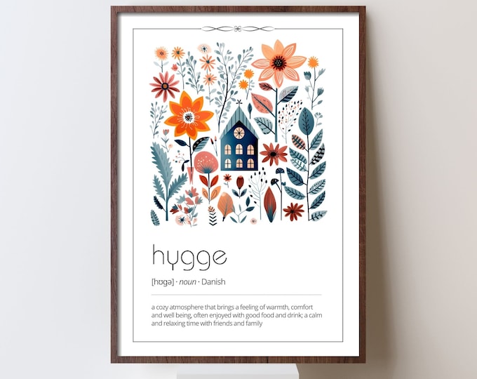 Hygge Scandi print, definition wall art, whimsical Nordic floral artwork print, Scandinavian boho poster, Danish folk housewarming gift