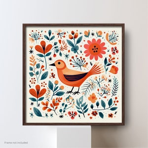 Scandi Bird print #1, whimsical floral wall art, Nordic folk artwork print, Scandinavian boho poster, living room art, kids bedroom artwork