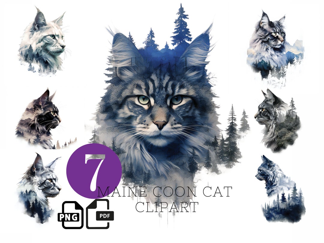 Maine Coon Cat Clipart Double Exposure PNG Tshirt Clipart Cat Etsy