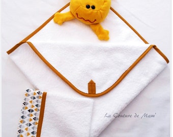 Yellow and gray bath cape and washcloth