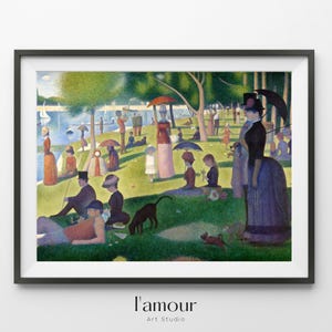 May include: Framed art print of a park scene with people, trees, and a lake. The artwork features a pointillist style with dots of color creating the image. The scene includes figures with umbrellas, dogs, and boats on the water. The frame is black.