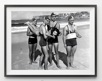 Art mural vintage noir et blanc Bondi Beach Lifesavers | Impression d'art imprimable haute résolution à téléchargement immédiat | Décoration murale rétro vintage