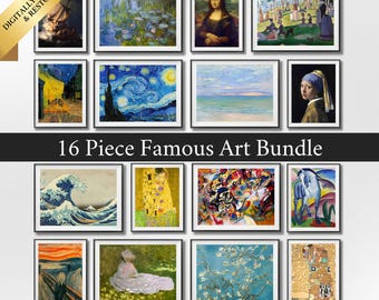 Famous Paintings Wall Art Bundle 16 Pieces | High Resolution Instant Download Printable Vintage Artists Prints Van Gogh, Monet, Da Vinci