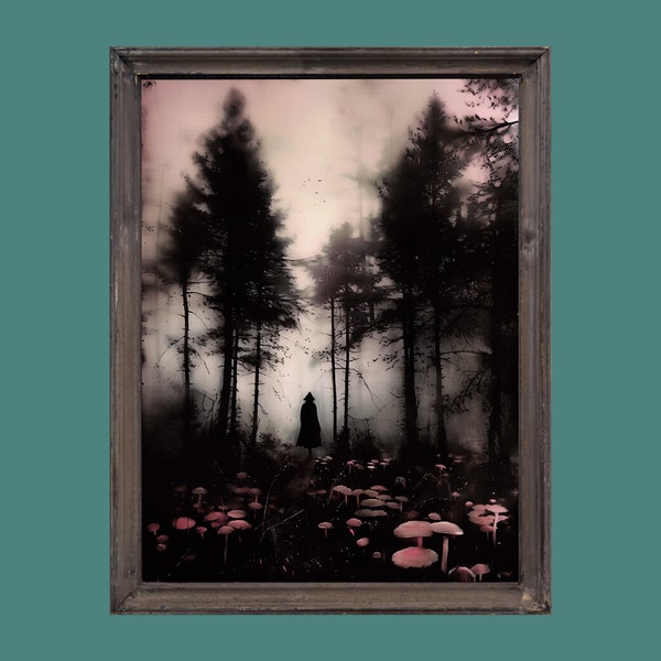 Landscape of a Larch Forest, fog / Atmospheric nature print / Vintage Wall Decoration / Digital Download