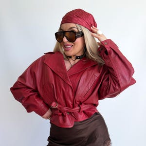 Vintage Red Burgundy Leather Biker Statement Jacket with Waist Belt L