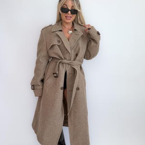 90s Wool Blend Trench Coat: Vintage Tan Double Breasted Long Coat