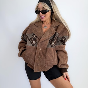 Vintage Suede Aztec Bomber Jacket: 80s/90s Southwestern Boho Style