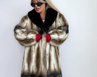 Vintage Striped Faux Fur Coat: Black & Beige Animal Print Mid-Length Winter Jacket L-XL
