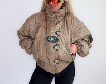 Vintage 90s Kaelin Ski Neon Bomber Jacket – Metallic Iridescent Shimmer Puffer with Logo Snaps, Retro Winter Ski Coat S-M