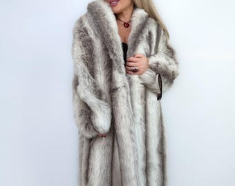 Vintage Fur Coat Ivory Faux Fur Full Length Long White Grey Silver