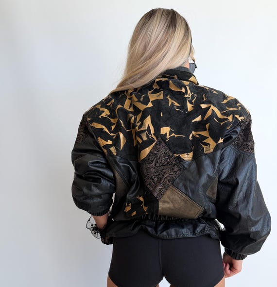 Vintage Black Leather Jacket Patchwork Abstract B… - image 6