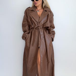 90s Chocolate Brown Leather Trench Coat: Oversized Maxi Length, Made in USA
