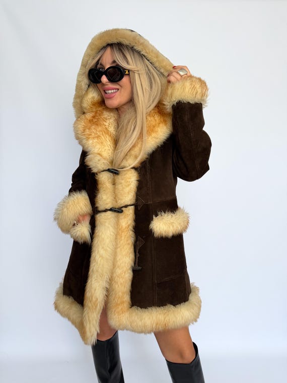 Vintage Shearling Sheepskin Hooded Hood Rancher Coat Long Wool Lined Geniune Suede Leather Jacket Penny LaneBoho Style Size XS-S