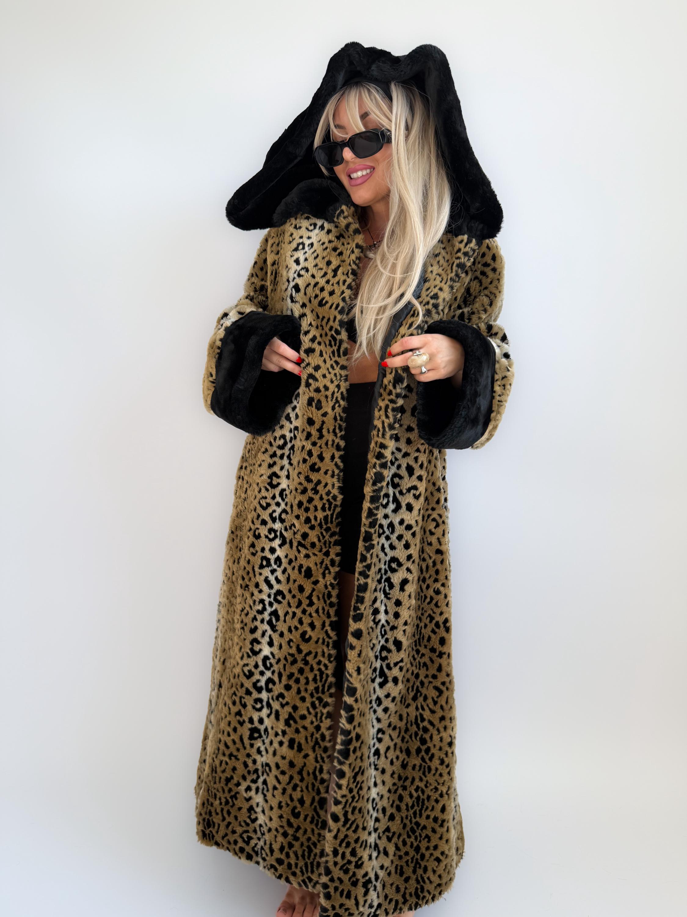 Vintage 90s Leopard Faux Fur Maxi Coat: Oversized Hooded Statement