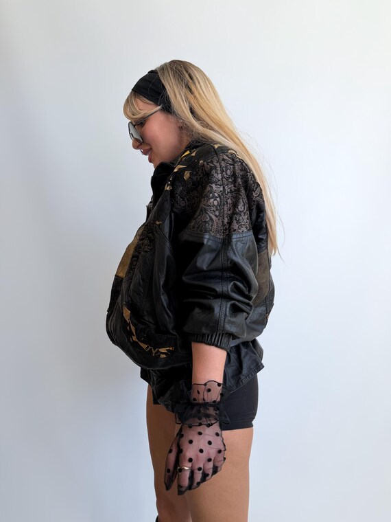 Vintage Black Leather Jacket Patchwork Abstract B… - image 19