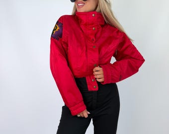 Combinaison de ski vintage, salopette, style rétro années 90, rouge et noir, vêtement d'hiver après-ski, taille M