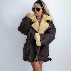 Vintage Brown Shearling Ranch Coat: Leather Aviator Bomber Jacket (L/XL)
