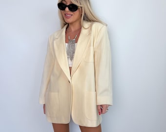 Blazer vintage de lana color crema, chaqueta extragrande color marfil, corte boyfriend, estilo preppy, ropa de oficina, estilo casual de negocios de los 90, abrigo de lana talla M-L