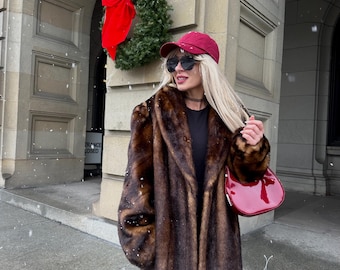 Vintage Faux Fur Long Coat - Brown Modacrylic 80s Glam Winter Jacket Old Money Luxury Faux Mink Fur size L
