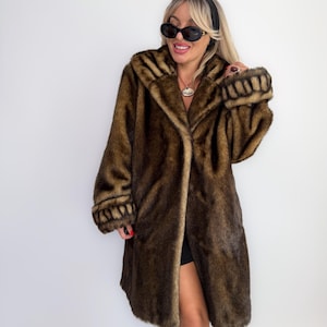 Vintage 90s Faux Fur Coat Brown-Mob Wife Energy Winter Jacket - Y2K Mink Look Winter Jacket Coat S-M