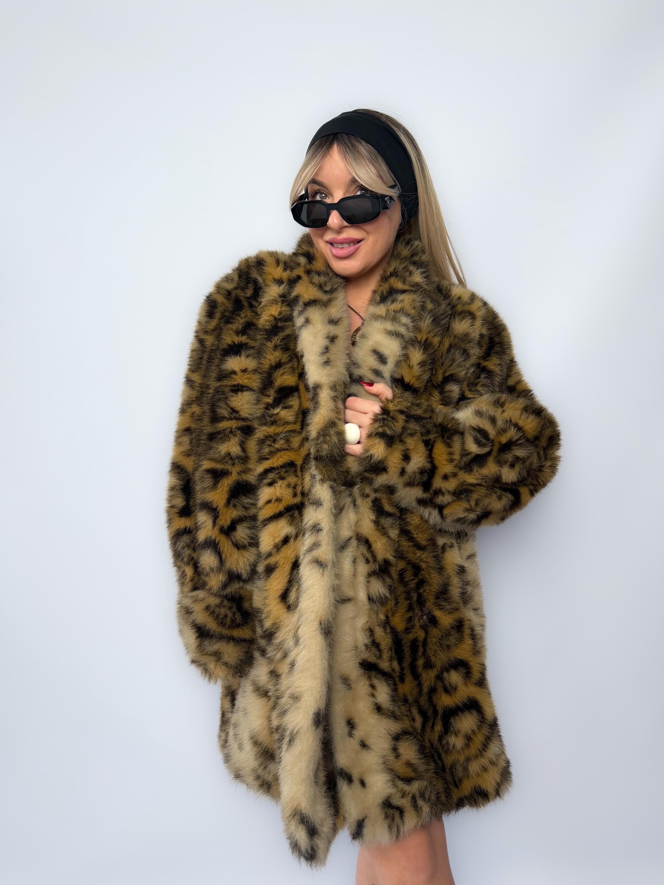 Vintage Faux Fur Coat Winter Leopard Brown Cheetah Animal Print