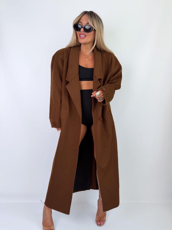Vintage Brown Carmel Beige Long Wool Trench Coat Coat Size S-M
