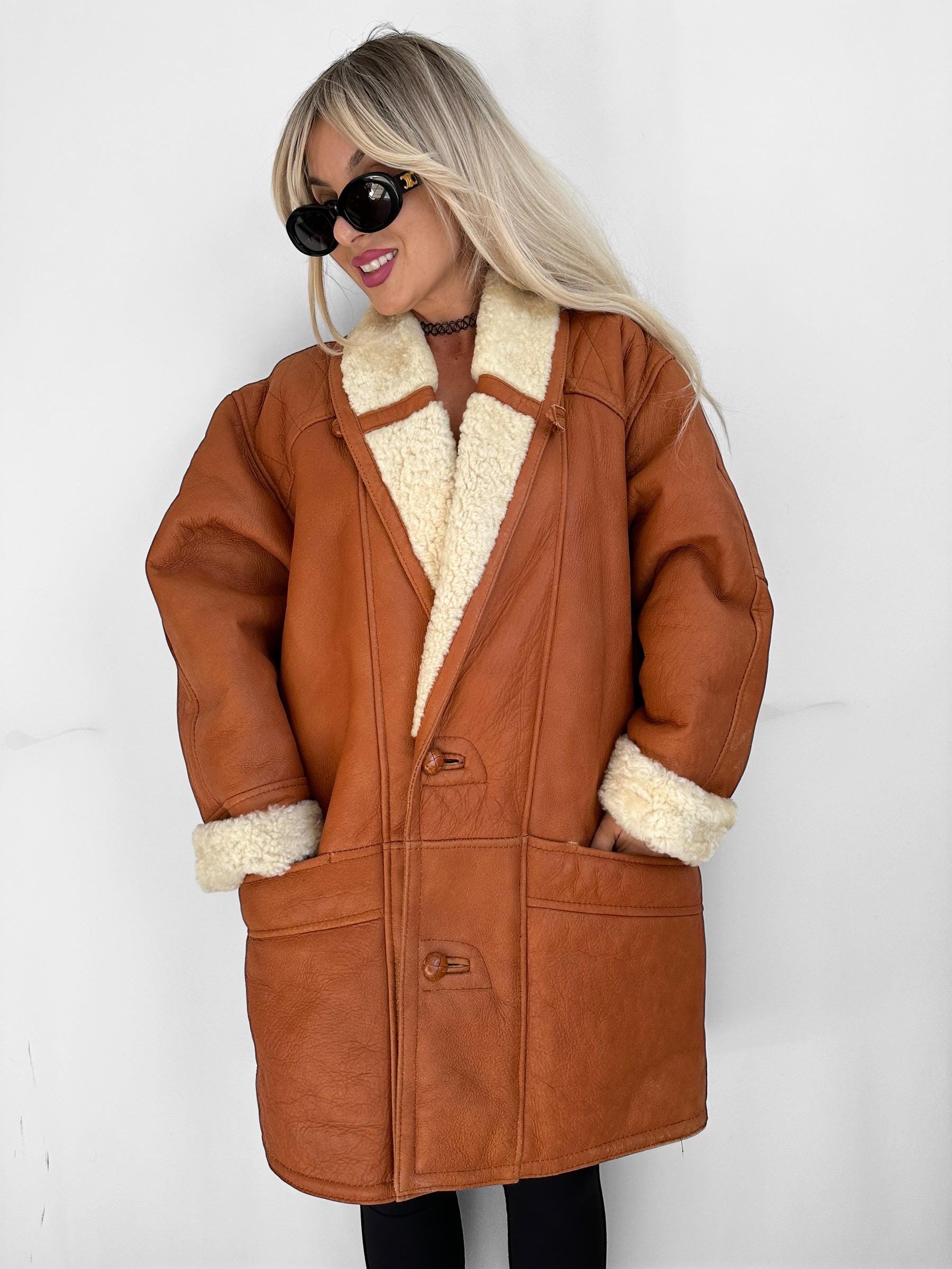 Vintage Jacket Coat Leather Shearling Sheepskin Wool Brown