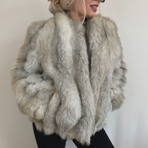 Vintage faux fur grey beige coat jacket y2k 90s