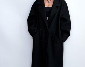 Klasyczny czarny wełniany długi płaszcz dwurzędowy zimowy trencz plus size oversize klasyczna kurtka rozmiar XL-XXL