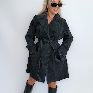 Vintage 90s Washable Suede Trench Coat: Plus Size Navy Blue Y2K Jacket