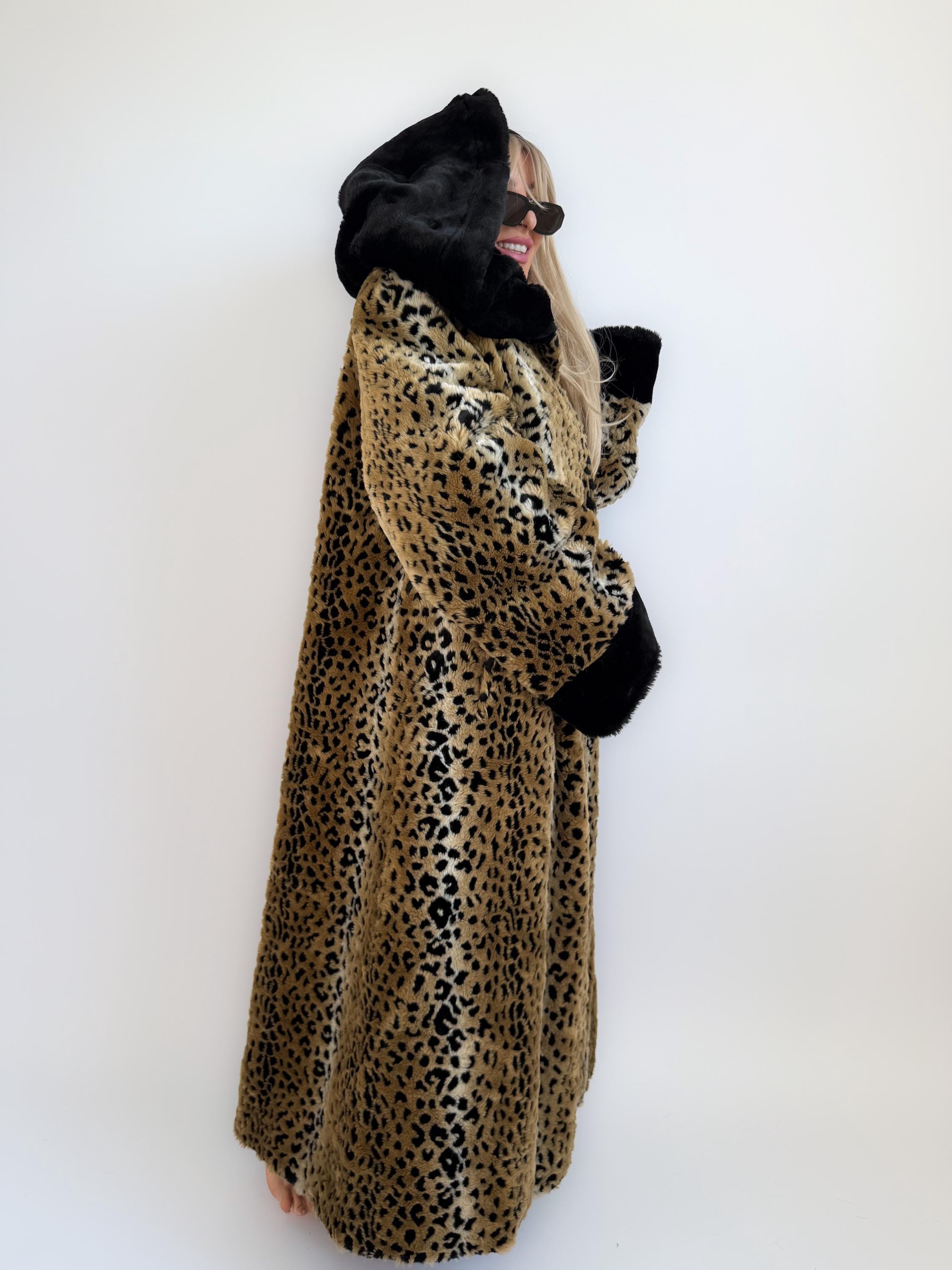 Vintage 90s Leopard Faux Fur Maxi Coat: Oversized Hooded Statement