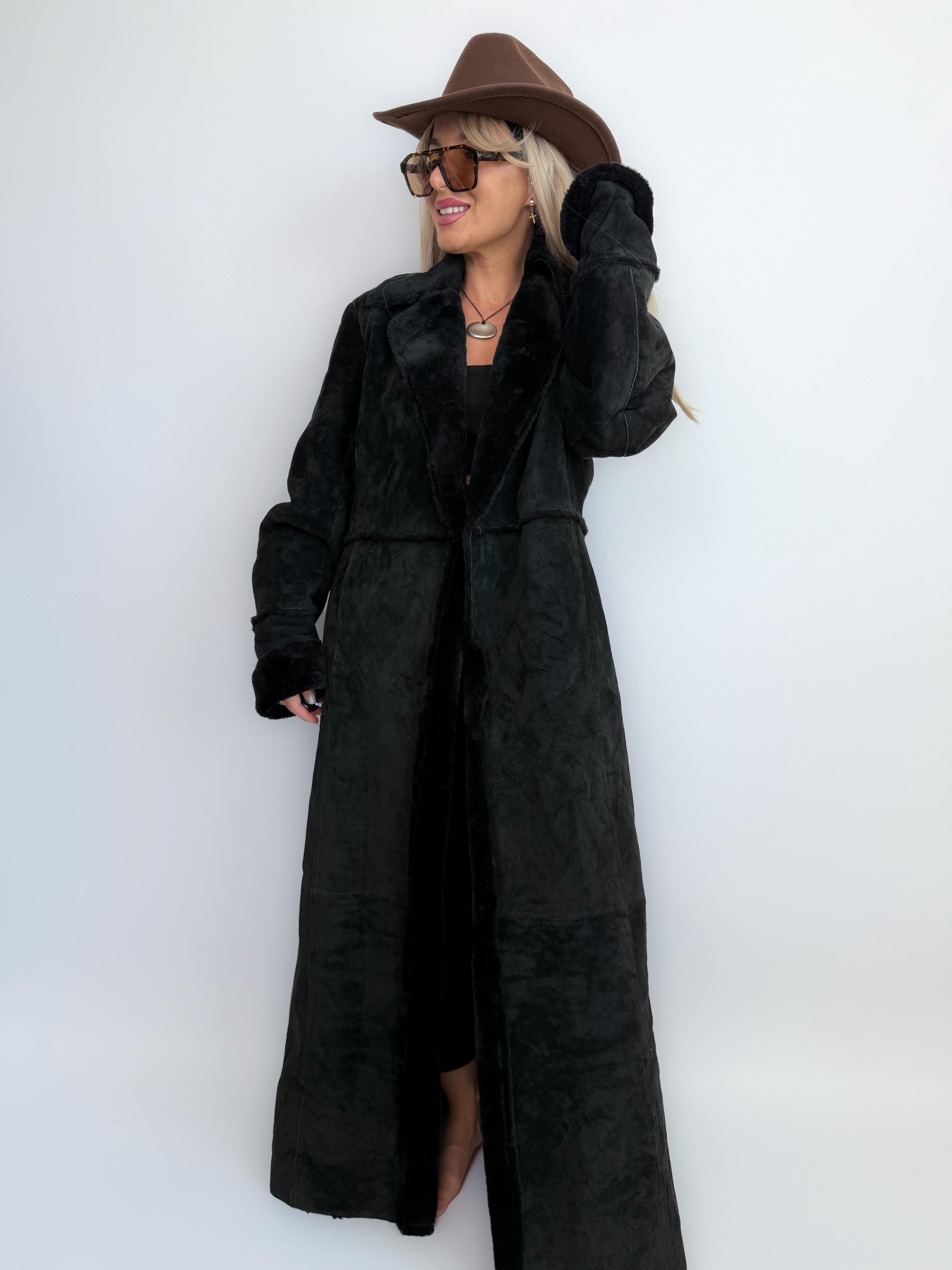 Y2K archive l black fur coat スエード調 Vintage Y2K 2000s Express Black Suede Faux fur Long Coat