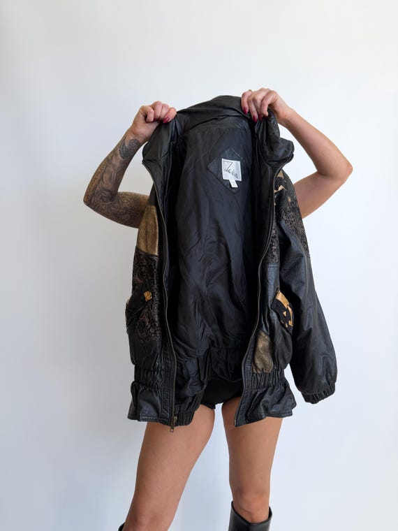 Vintage Black Leather Jacket Patchwork Abstract B… - image 20
