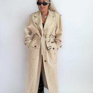 Vintage 90s Wool Blend Trench Coat: Cream Leather Trim, Size S-M