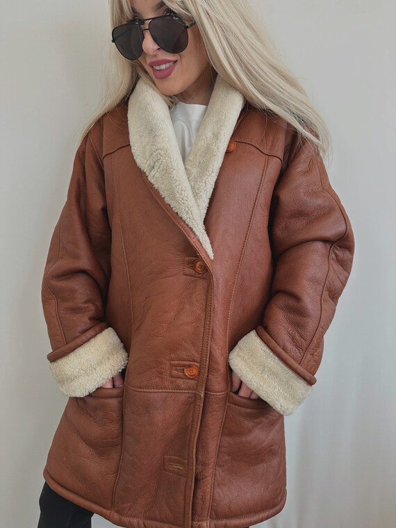 Vintage Coat Jacket Shearling Sheepskin Leather Button up Wool Ranch Rancher Western Malboro Etsy