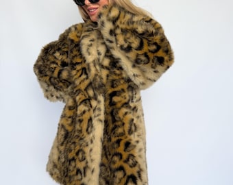 Vintage Faux Fur Coat Winter Leopard Brown Cheetah Animal Print Oversize Mid Length Warm Jacket L