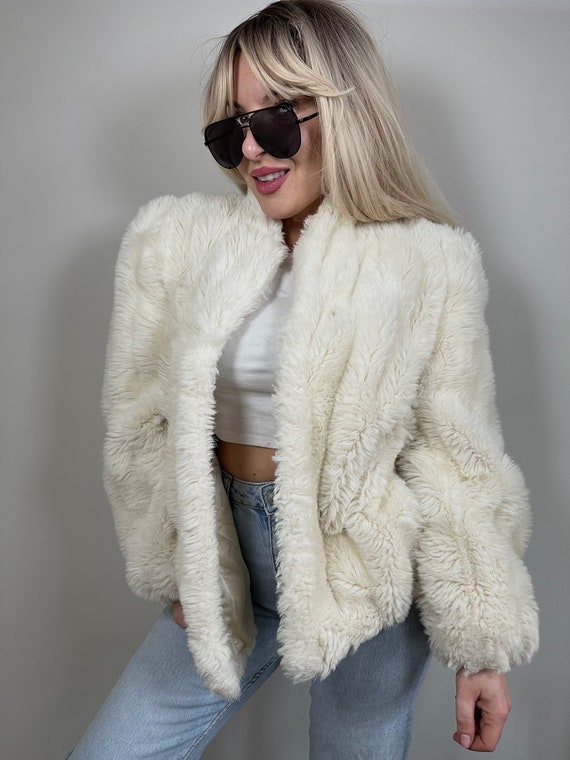 Vintage faux fur cream beige coat jacket y2k 90s - image 7