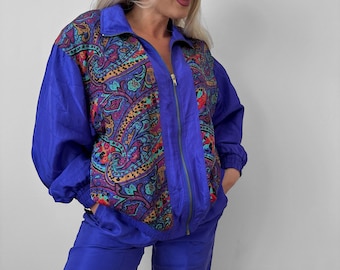 Vintage silk tracksuit two piece coord set 90’s abstract bomber windbreaker abstract print jacket pants