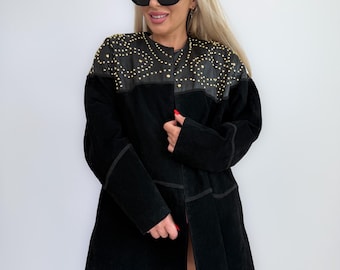 Vintage Black Suede Studded Jacket: 90s Avant Garde Rockstar Glam, Size Small-Medium