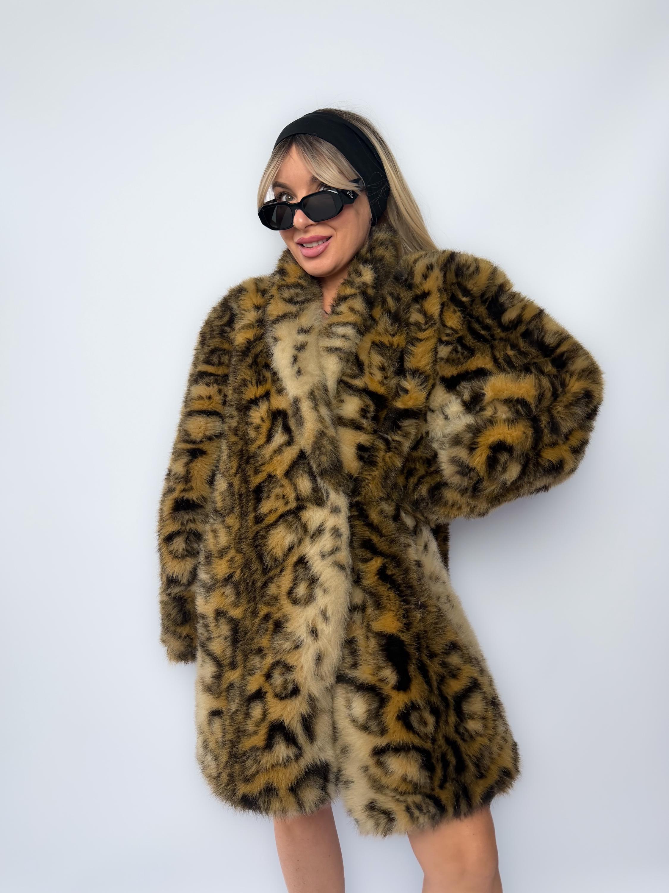 Vintage Faux Fur Coat Winter Leopard Brown Cheetah Animal Print